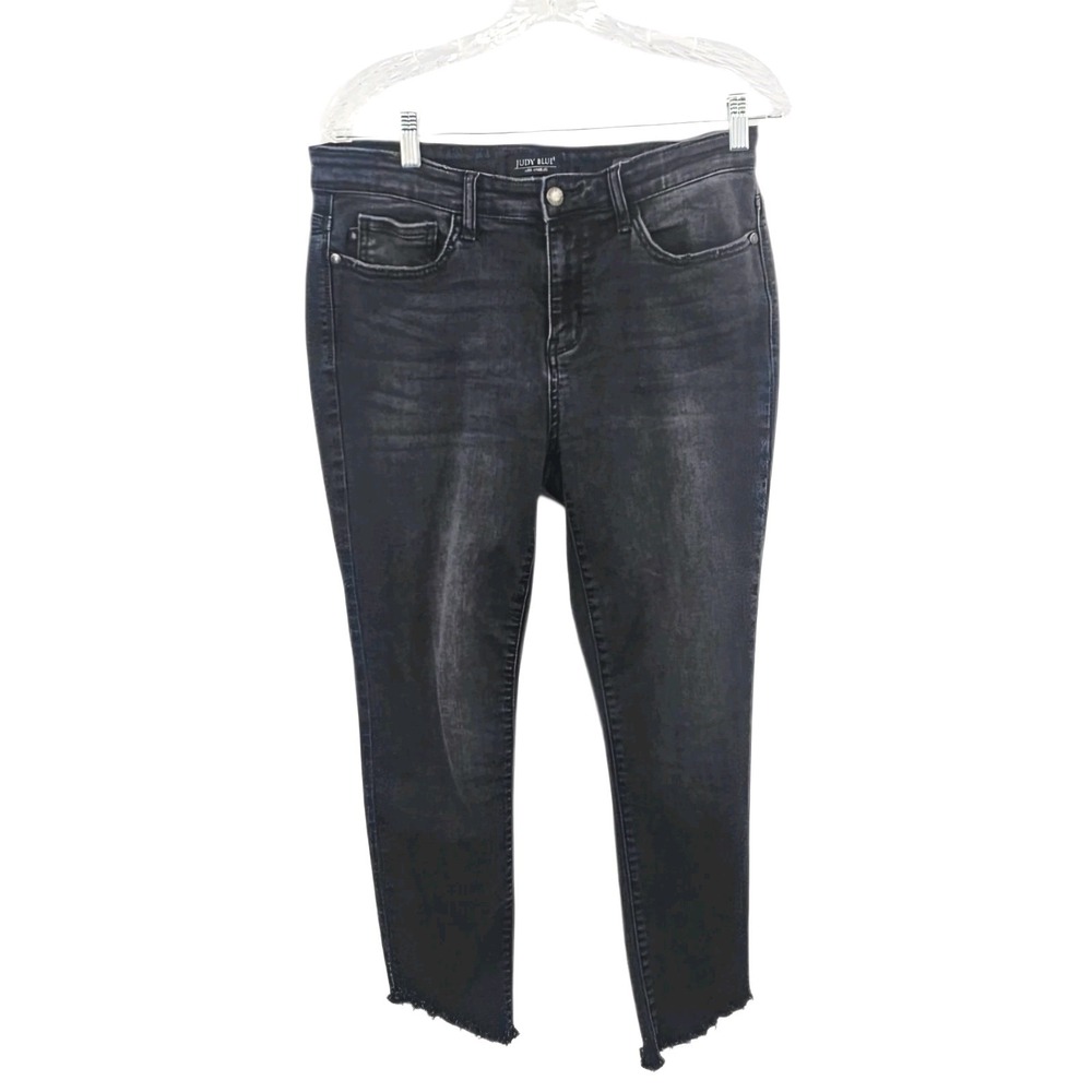 Judy Blue Skinny Fit Jeans Women's 11/30 Black Mid Rise Stretch Raw Hem Denim